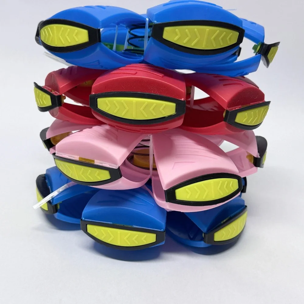4 Pack Flat Ball Disc Toy with LED Light Transforming Flying Sauce Blue Red Pink